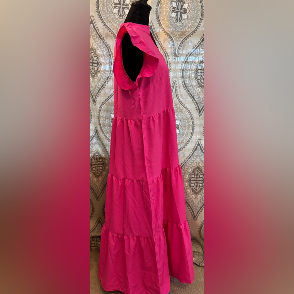 Hot Pink Tiered Maxi Dress Ruffle Sleeve V-Neck Size Medium - Picture 6 of 9